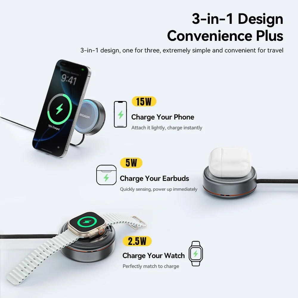 ESSAGER 3 in 1 Retractable Cable Wireless Charger Stand 15W Fast Charging Magnetic Core for iPhone  /  Watch  /  AirPods - Grey - 5