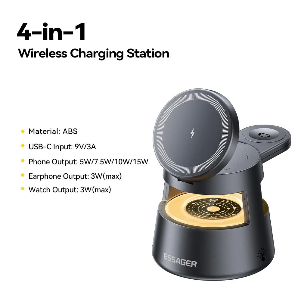 ESSAGER 4 in 1 15W Magnetic Desktop Wireless Charger for Phone Fast Charge Charging Stand with Magnetic Sheet - Grey - 3