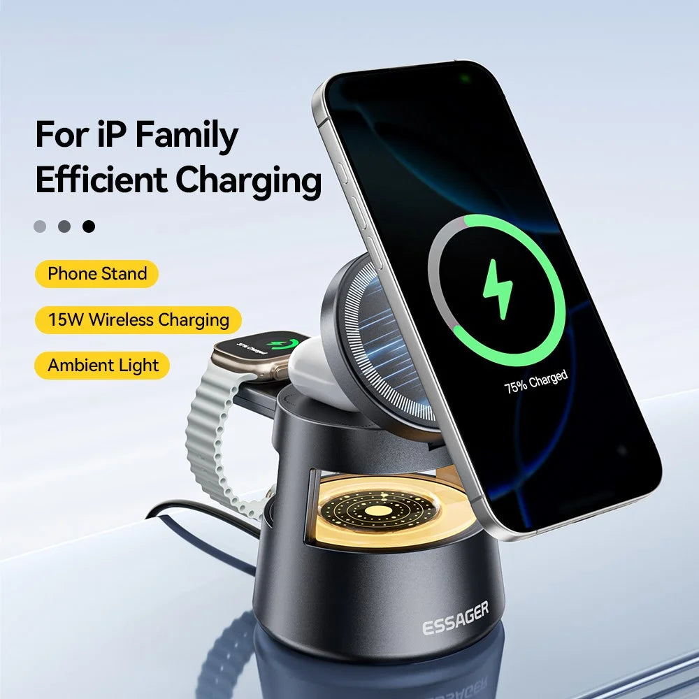 ESSAGER 4 in 1 15W Magnetic Desktop Wireless Charger for Phone Fast Charge Charging Stand with Magnetic Sheet - Grey - 4