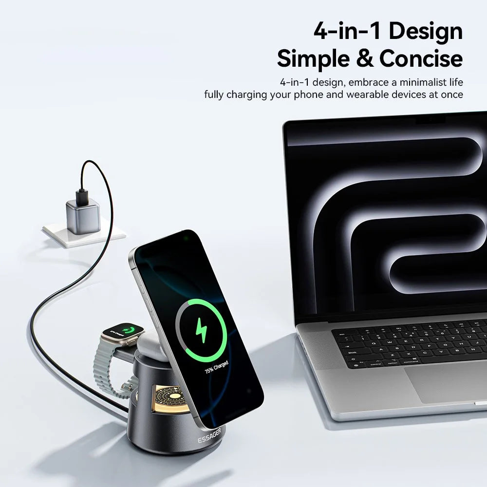 ESSAGER 4 in 1 15W Magnetic Desktop Wireless Charger for Phone Fast Charge Charging Stand with Magnetic Sheet - Grey - 5