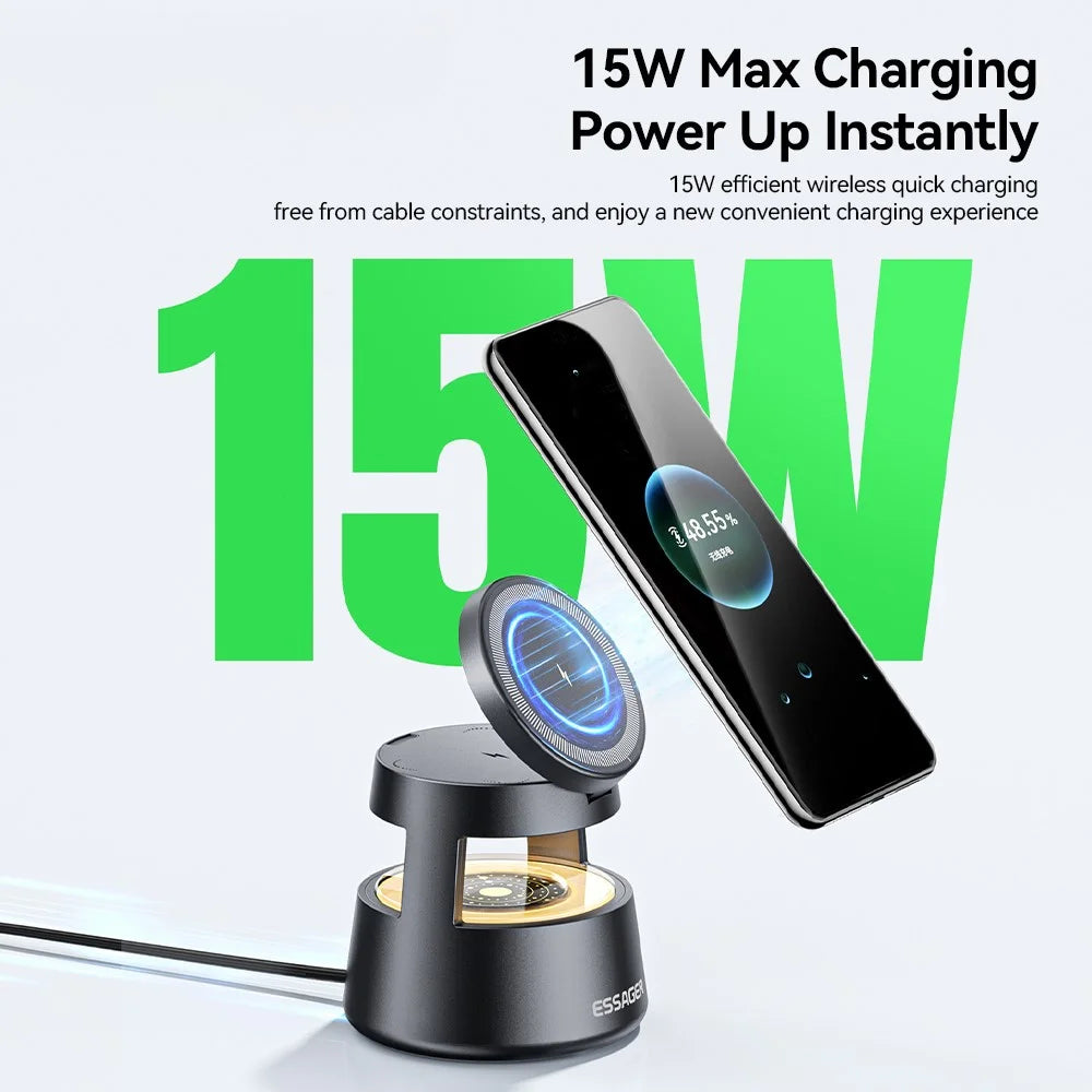 ESSAGER 4 in 1 15W Magnetic Desktop Wireless Charger for Phone Fast Charge Charging Stand with Magnetic Sheet - Grey - 6