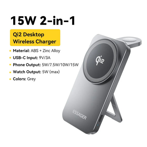 ESSAGER 2 in 1 Qi2 Desktop Magnetic Wireless Charger with Foldable Stand 15W Fast Charging Station - 2