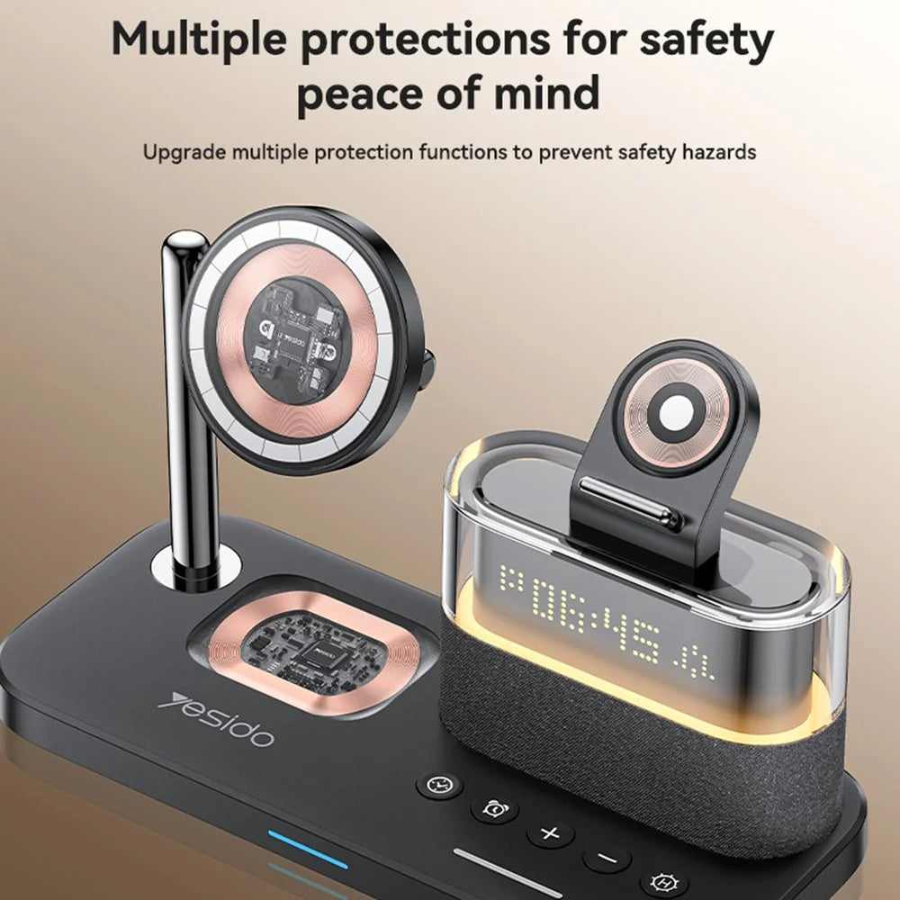 YESIDO DS37 6 in 1 Desktop Wireless Charger Stand Multi-Function Charging Station with Clock / Light - 3