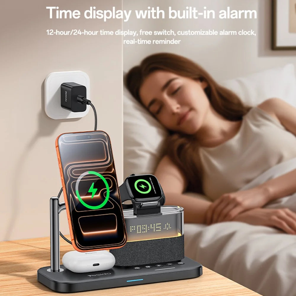 YESIDO DS37 6 in 1 Desktop Wireless Charger Stand Multi-Function Charging Station with Clock / Light - 5