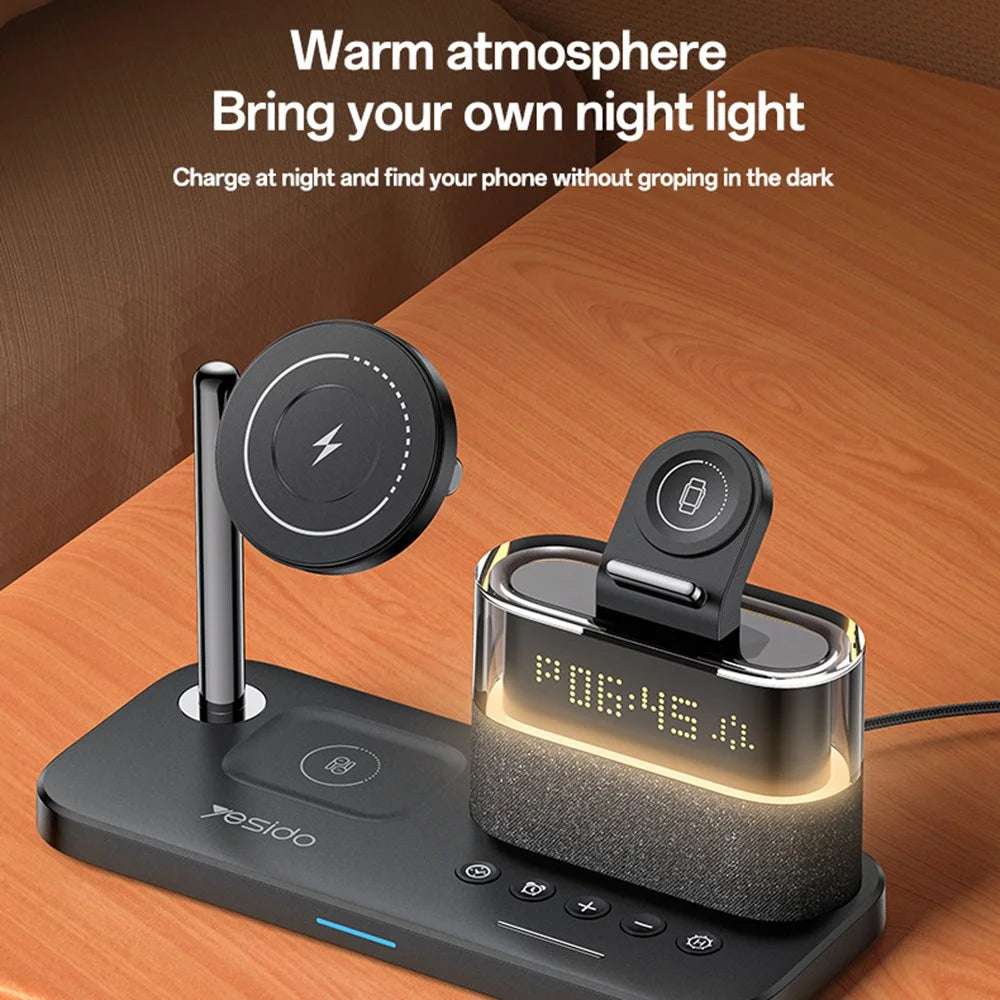 YESIDO DS37 6 in 1 Desktop Wireless Charger Stand Multi-Function Charging Station with Clock / Light - 6