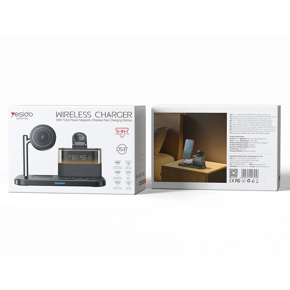 YESIDO DS37 6 in 1 Desktop Wireless Charger Stand Multi-Function Charging Station with Clock / Light - 7
