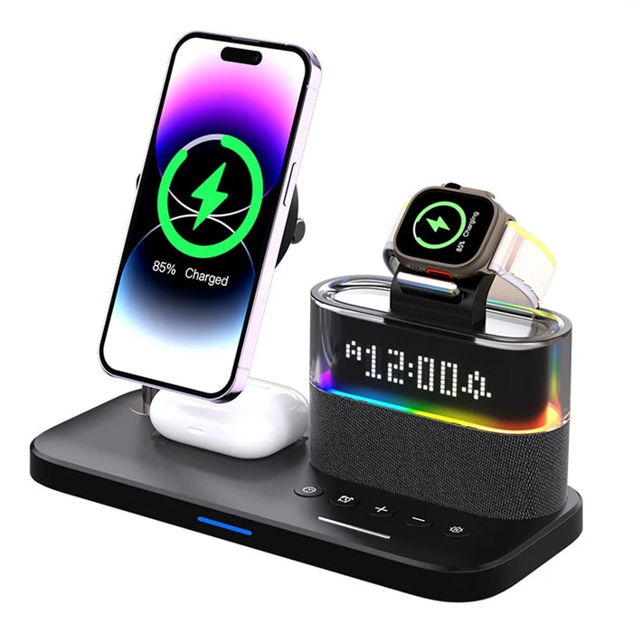 C09 QI2 5 in 1 Magnetic Wireless Charger Multifunctional Charging Station with Clock + Night Light - Black - 1