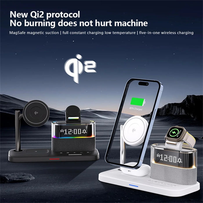 C09 QI2 5 in 1 Magnetic Wireless Charger Multifunctional Charging Station with Clock + Night Light - Black - 6