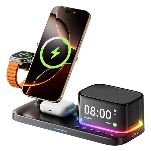 C09PLUS 5 in 1 Qi2.2 25W Magnetic Wireless Charger + Bluetooth-Compatible Speaker + Alarm Clock + Night Light + Time Display - Black - 1