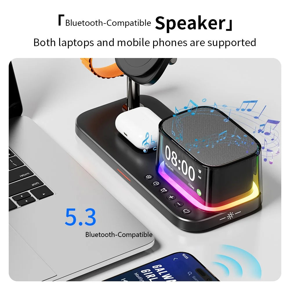 C09PLUS 5 in 1 Qi2.2 25W Magnetic Wireless Charger + Bluetooth-Compatible Speaker + Alarm Clock + Night Light + Time Display - Black - 4