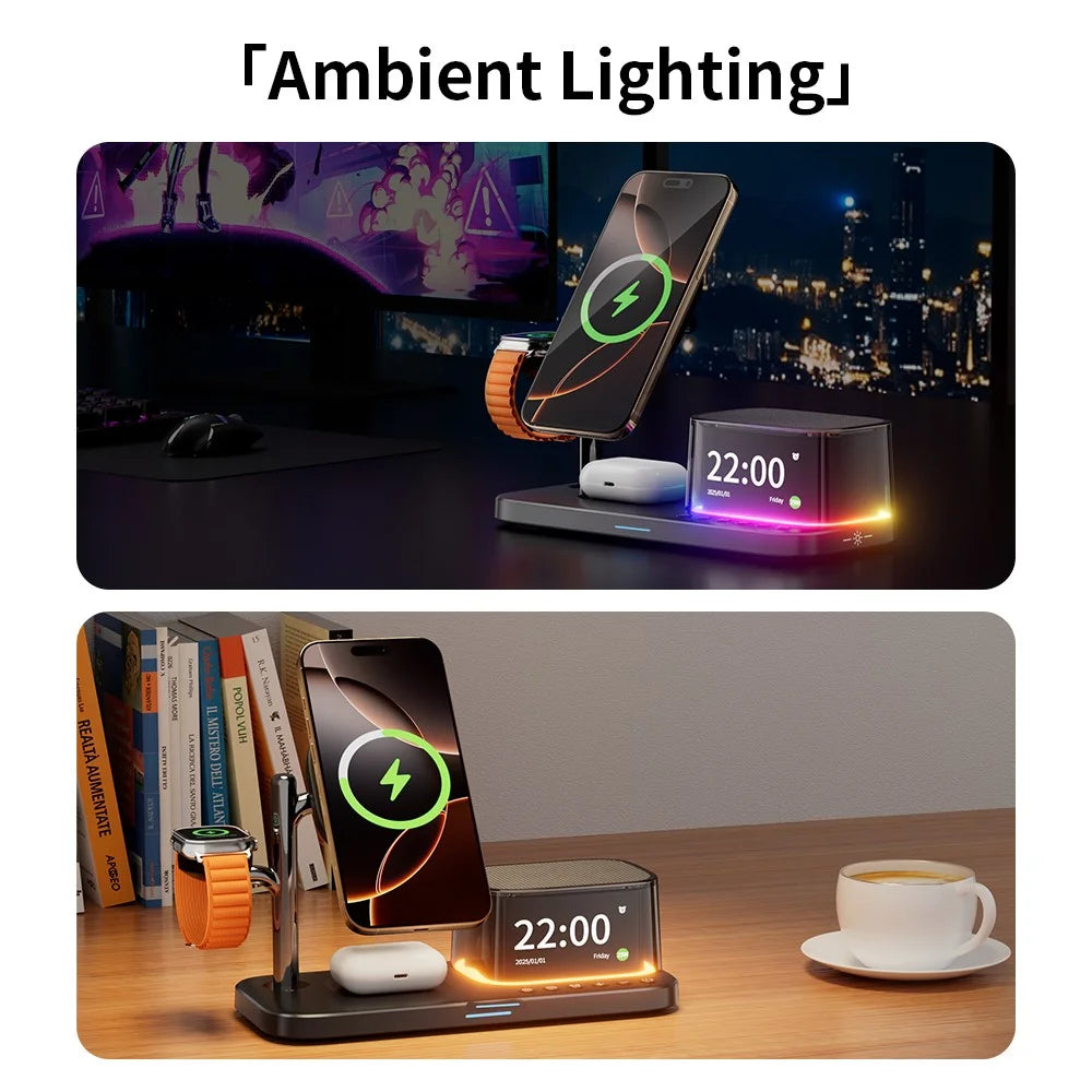 C09PLUS 5 in 1 Qi2.2 25W Magnetic Wireless Charger + Bluetooth-Compatible Speaker + Alarm Clock + Night Light + Time Display - Black - 5