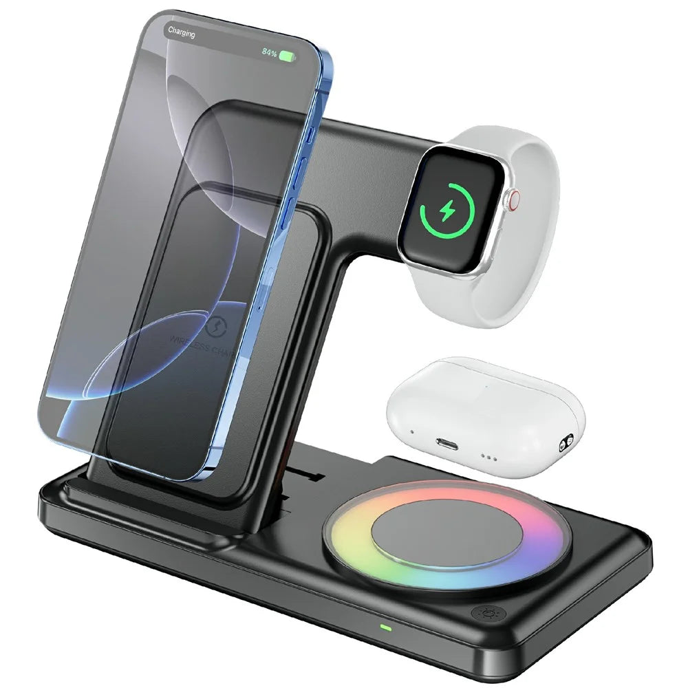 Q50D 4 in 1 Foldable Wireless Charger Dock 15W Fast Charging Station with RGB Ambient Light for Mobile Phone Apple Watch AirPods - Black - 1