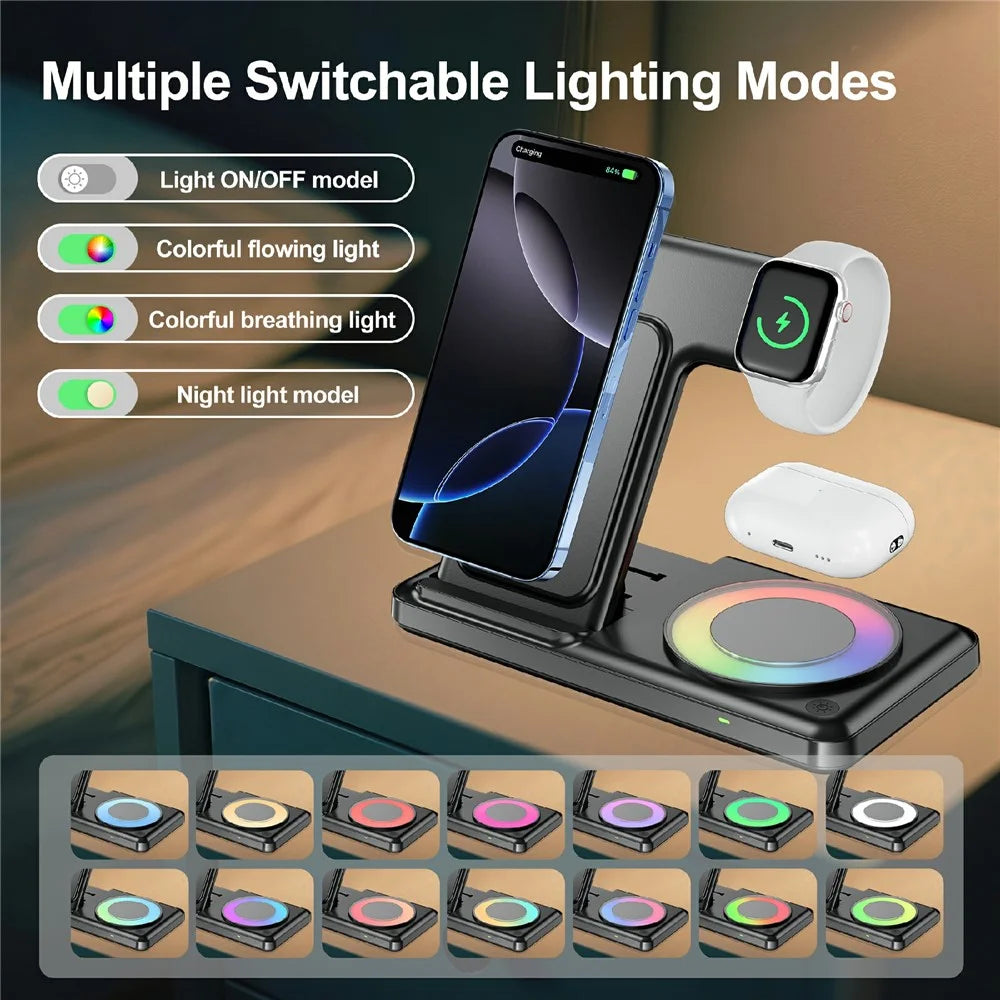 Q50D 4 in 1 Foldable Wireless Charger Dock 15W Fast Charging Station with RGB Ambient Light for Mobile Phone Apple Watch AirPods - Black - 3