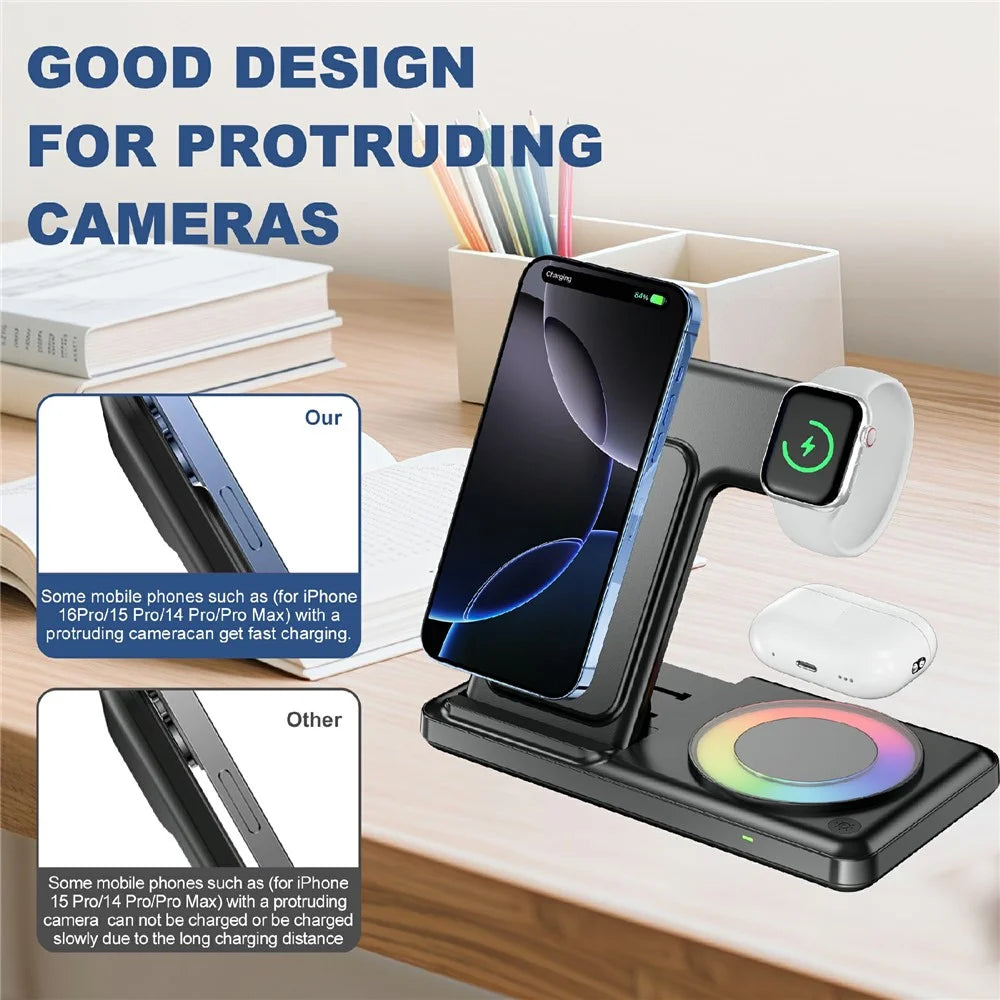 Q50D 4 in 1 Foldable Wireless Charger Dock 15W Fast Charging Station with RGB Ambient Light for Mobile Phone Apple Watch AirPods - Black - 4