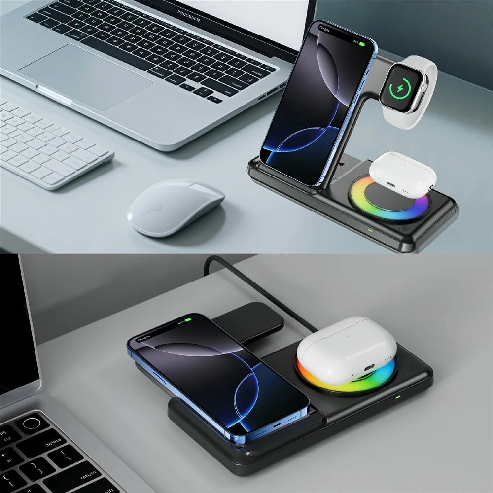 Q50D 4 in 1 Foldable Wireless Charger Dock 15W Fast Charging Station with RGB Ambient Light for Mobile Phone Apple Watch AirPods - Black - 5