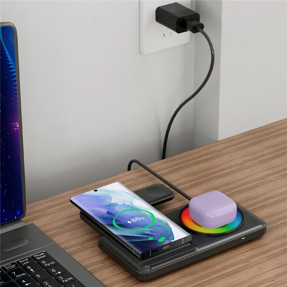 Q50D 4 in 1 Foldable Wireless Charger Dock 15W Fast Charging Station with RGB Ambient Light for Mobile Phone Apple Watch AirPods - Black - 6