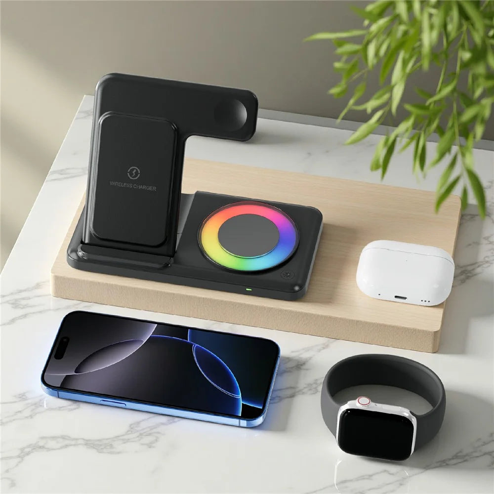 Q50D 4 in 1 Foldable Wireless Charger Dock 15W Fast Charging Station with RGB Ambient Light for Mobile Phone Apple Watch AirPods - Black - 7