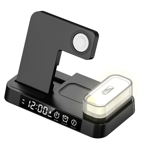 JJT-S37 15W Foldable Wireless Charger Dock Multifunctional Fast Charging Station with RGB Ambient Light and Clock for Samsung Watch - Black - 1