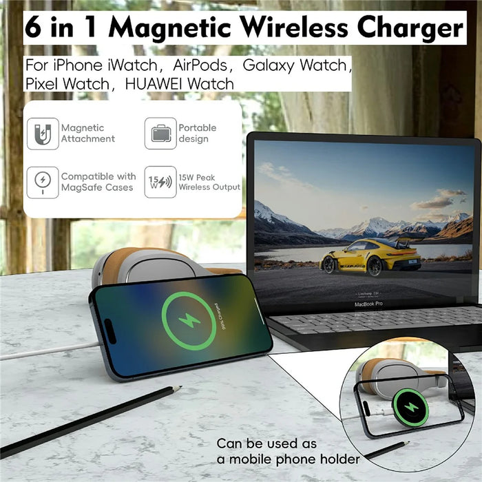 6 in 1 Magnetic Wireless Charger with Stand 15W Max Fast Charging Magnetic Stand - Black - 6