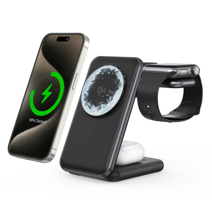 MC01 3 in 1 Qi2 Magnetic Wireless Charger for iPhone / Apple Watch / AirPods 15W Fast Charging Foldable Stand - Black - 1