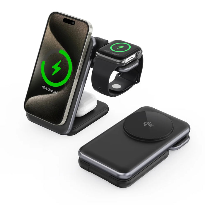 MC01 3 in 1 Qi2 Magnetic Wireless Charger for iPhone / Apple Watch / AirPods 15W Fast Charging Foldable Stand - Black - 2