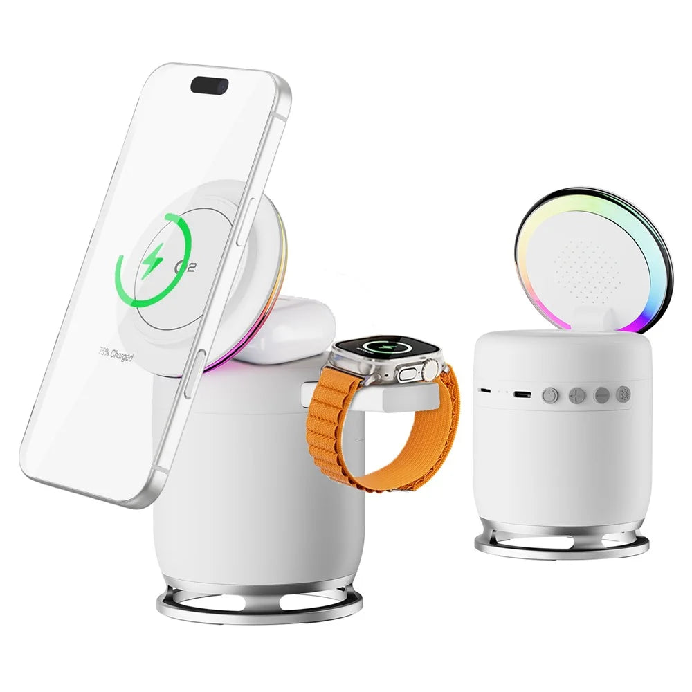 JJT-C52 Qi2 15W 5 in 1 Magnetic Wireless Charger Stand Bluetooth-Compatible Speaker with RGB Light for iPhone Apple Watch AirPods - White - 1