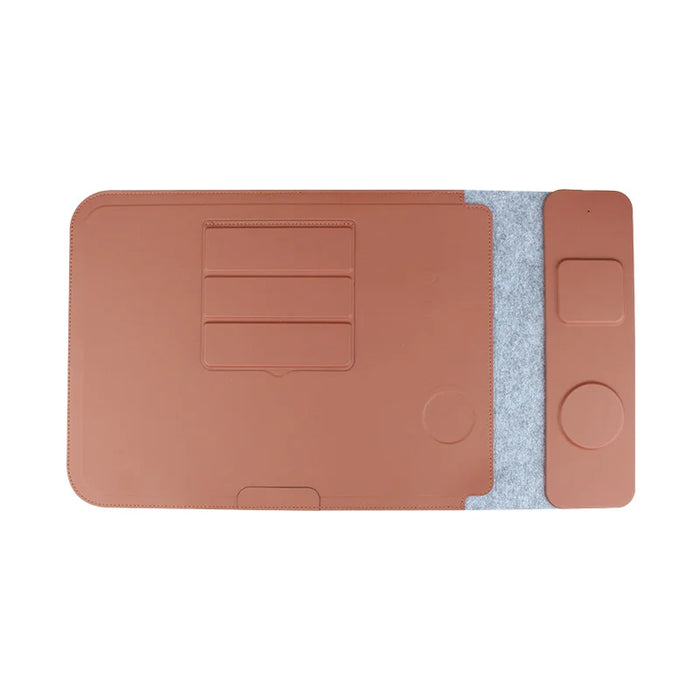 S101 Multi-Function 14 Inch Laptop Sleeve PU Leather Wireless Charging Mouse Pad Notebook Riser Stand - Brown - 1