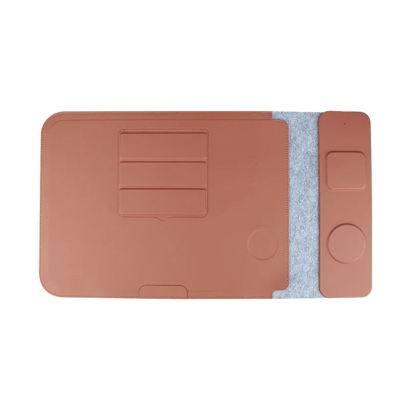S101 Multi-Function 14 Inch Laptop Sleeve PU Leather Wireless Charging Mouse Pad Notebook Riser Stand - Brown - 1
