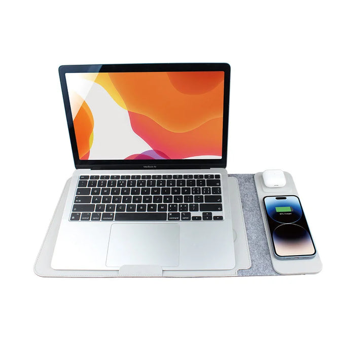 S101 Multi-Function 14 Inch Laptop Sleeve PU Leather Wireless Charging Mouse Pad Notebook Riser Stand - Brown - 4