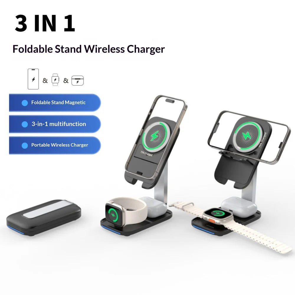 P16 3 in 1 Magnetic Wireless Charging Stand Foldable 15W Fast Charger for Phone/Smart Watch/Earbuds - Black - 1