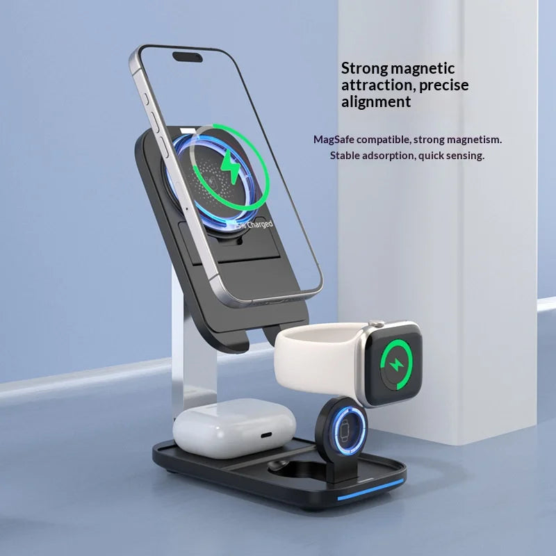P16 3 in 1 Magnetic Wireless Charging Stand Foldable 15W Fast Charger for Phone/Smart Watch/Earbuds - Black - 2