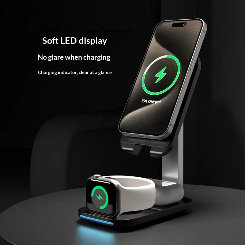 P16 3 in 1 Magnetic Wireless Charging Stand Foldable 15W Fast Charger for Phone/Smart Watch/Earbuds - Black - 3