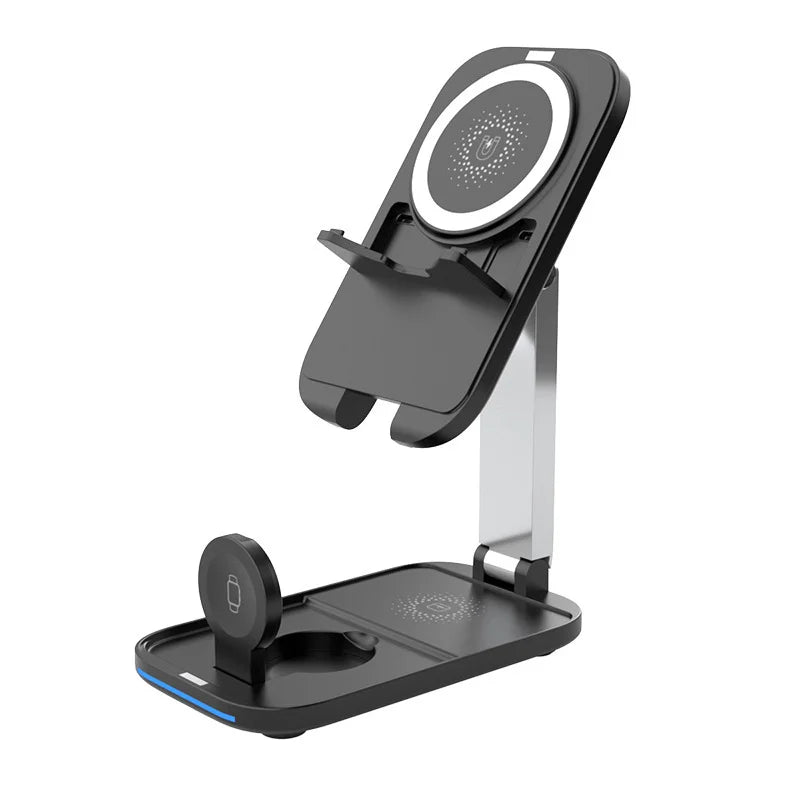 P16 3 in 1 Magnetic Wireless Charging Stand Foldable 15W Fast Charger for Phone/Smart Watch/Earbuds - Black - 5