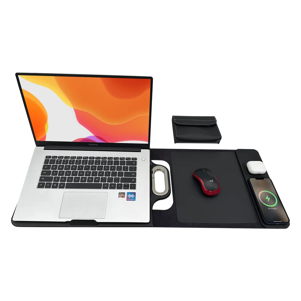 S99 Multifunctional Portable Laptop Sleeve 15W Fast Charger for Phone/Earphones/Smart Watch PU Leather Mouse Pad - Black - 4