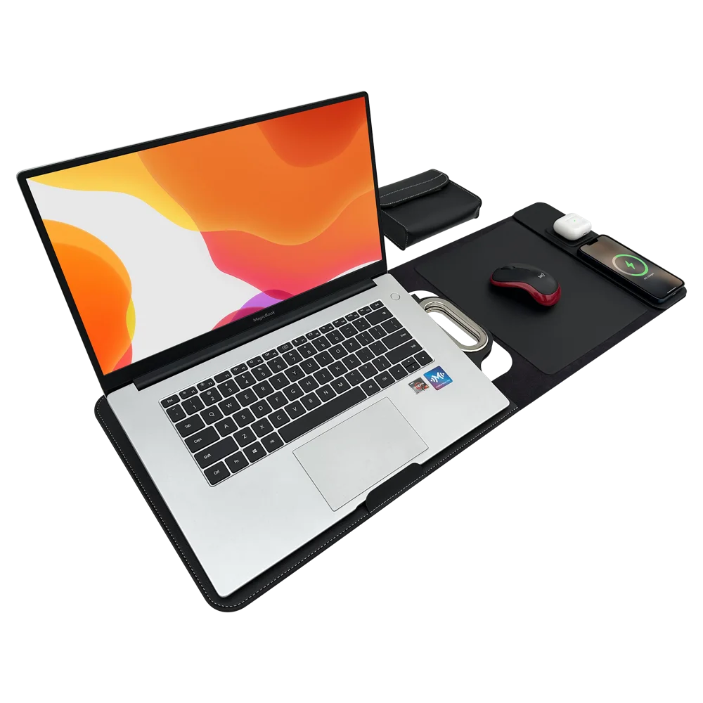 S99 Multifunctional Portable Laptop Sleeve 15W Fast Charger for Phone/Earphones/Smart Watch PU Leather Mouse Pad - Black - 7