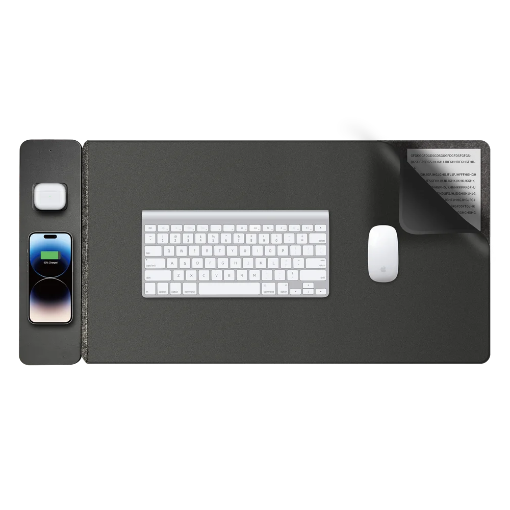 14 Inch Laptop Sleeve 15W Max Multifunctional Wireless Charging PU Leather Mouse Pad for Phone / Earbuds / Watch - Black - 6