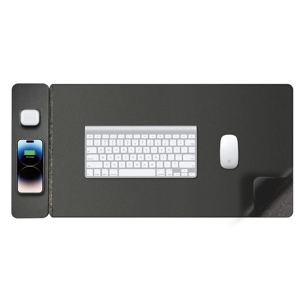 16 Inch Laptop Sleeve 15W Max Multifunctional Wireless Charging PU Leather Mouse Pad for Phone / Earbuds / Watch - Black - 3