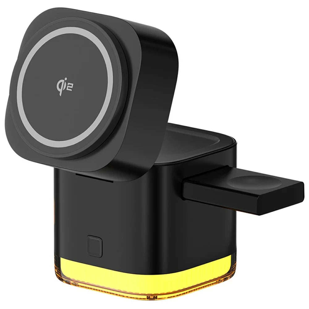 C53 QI2 5 in 1 Foldable Magnetic Wireless Charger 15W Fast Charging Charger Built-in Retractable Cable with Adjustable LED Night Light - Black - 1