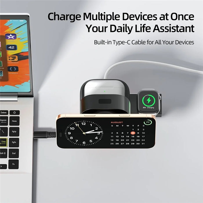 C53 QI2 5 in 1 Foldable Magnetic Wireless Charger 15W Fast Charging Charger Built-in Retractable Cable with Adjustable LED Night Light - Black - 7