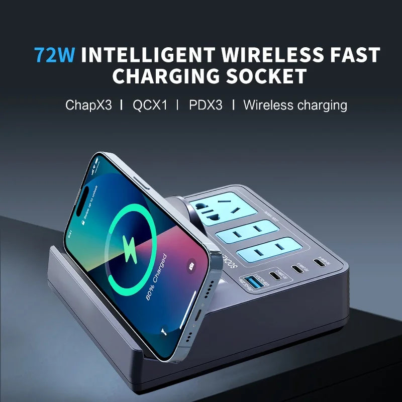 WLX-H11 72W Smart Wireless Charging GaN Power Strip Multi-Port PD Fast Charger Station - US Plug - 2