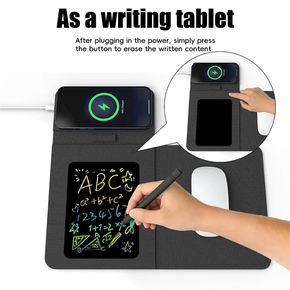 15W Leather Foldable Mouse Pad Wireless Charging Stand Writing Board with Magnetic Fast Charging for Meetings - Black - 3