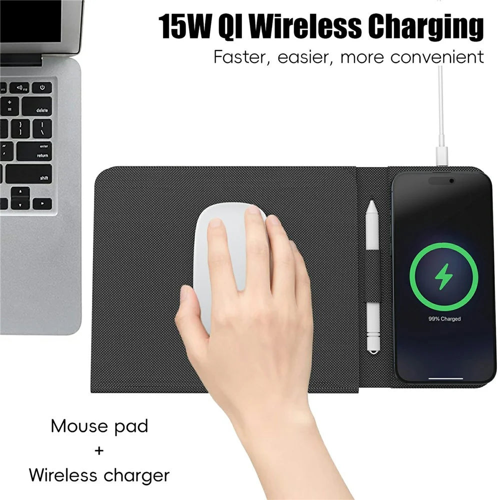 15W Leather Foldable Mouse Pad Wireless Charging Stand Writing Board with Magnetic Fast Charging for Meetings - Black - 4