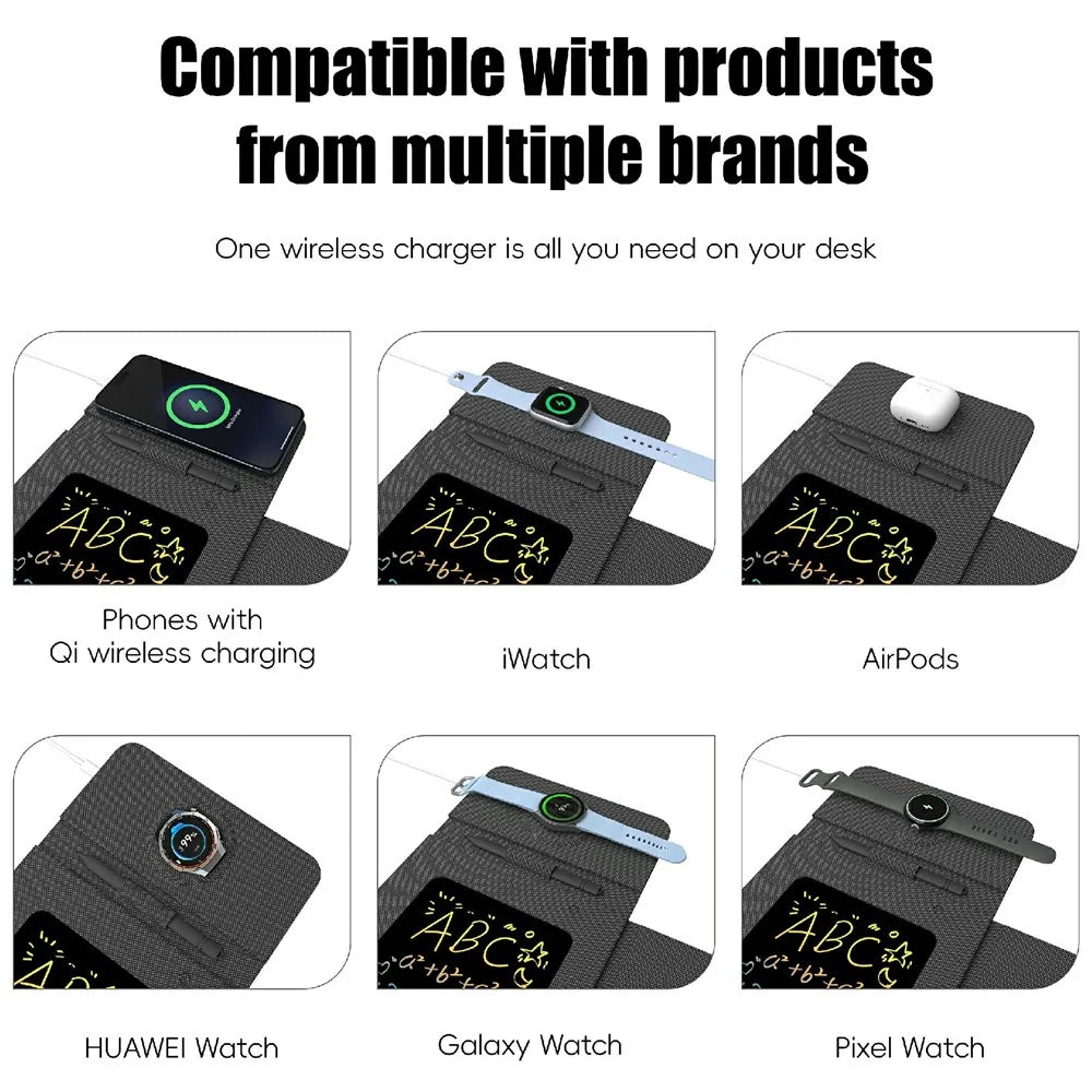 15W Leather Foldable Mouse Pad Wireless Charging Stand Writing Board with Magnetic Fast Charging for Meetings - Black - 6