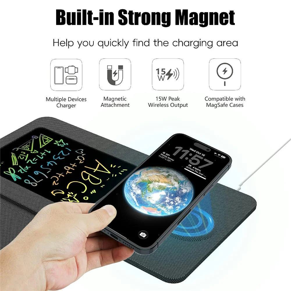 15W Leather Foldable Mouse Pad Wireless Charging Stand Writing Board with Magnetic Fast Charging for Meetings - Black - 7