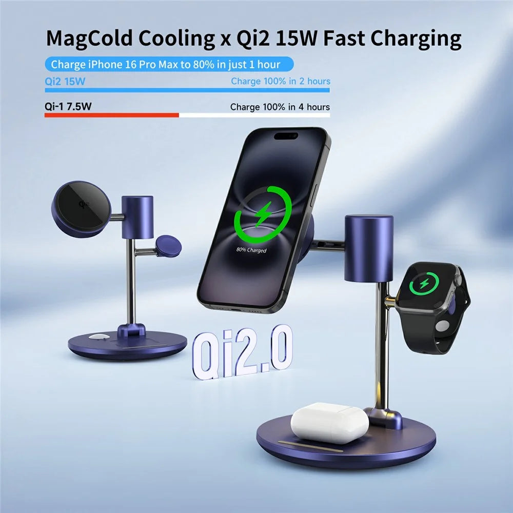 MC07 Folding Magnetic 15W Cooling Wireless Charger Qi2 Compatible Cellphone Charging Stand with Motion Sensor Night Light - Blue+Black - 3
