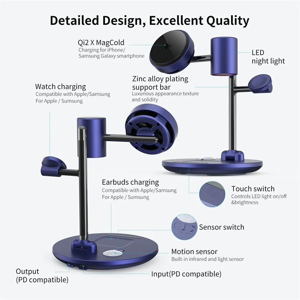 MC07 Folding Magnetic 15W Cooling Wireless Charger Qi2 Compatible Cellphone Charging Stand with Motion Sensor Night Light - Blue+Black - 5