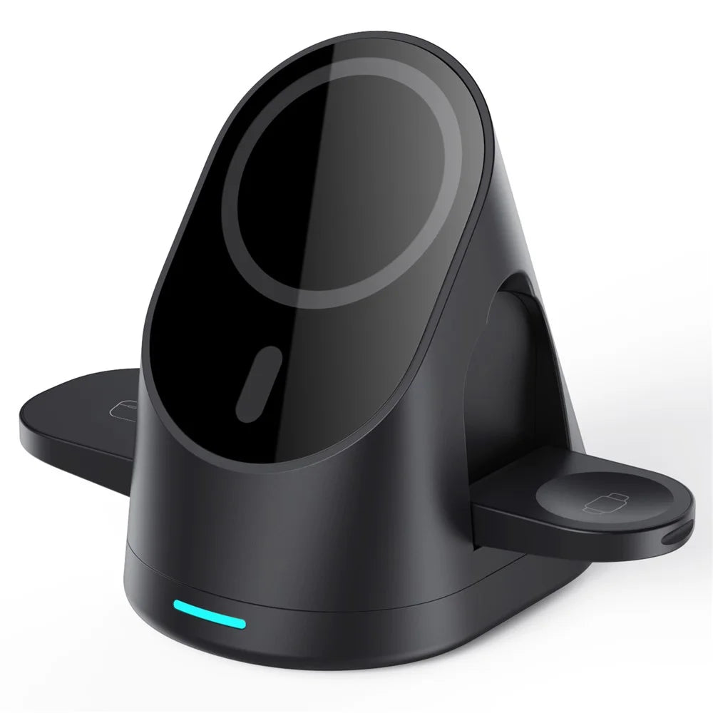LFX-179 3 in 1 15W Wireless Charger Folding Fast Charging Dock Magnetic Charging Station for iPhone iWatch AirPods - Black - 1