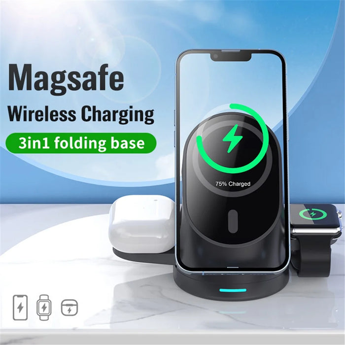 LFX-179 3 in 1 15W Wireless Charger Folding Fast Charging Dock Magnetic Charging Station for iPhone iWatch AirPods - Black - 3