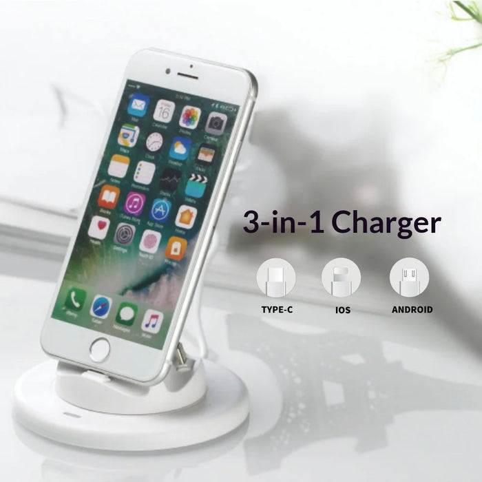 UV-01 USB to Type-C/Micro/iP 3 in 1 Charging Dock for Smartphone Holder Stand 360 Degree Rotatable Charger Base - White - 2