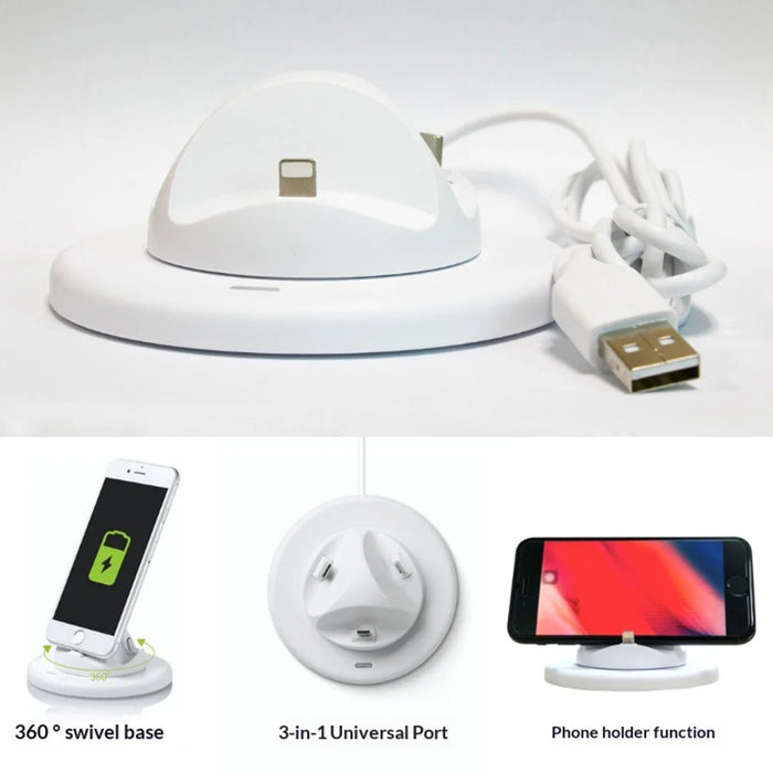 UV-01 USB to Type-C/Micro/iP 3 in 1 Charging Dock for Smartphone Holder Stand 360 Degree Rotatable Charger Base - White - 3